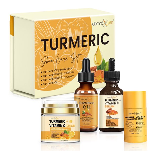 Glow Boosting Moisturizer, Organic Ingredients, Anti-Aging, Acne Treatment, Dark Spot Remover, Hydrates & Controlling Oil & Refining Pores for Normal Oily Skin - Turmeric Set of 4