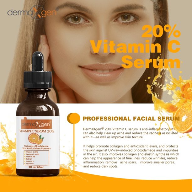Pure Vitamin C 20% Anti Aging Serum, Hyaluronic Acid, Vitamin A and Vitamin E Anti wrinkle rejuvenator- 2 FL OZ