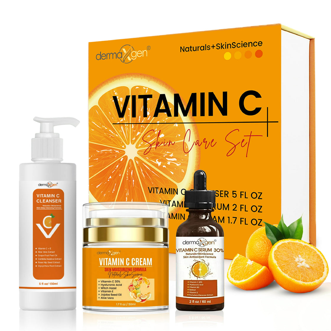 Dermaxgen Vitamin C Complete Facial Care Anti-Aging Set with Cleanser, Moisturizer and Serum for Wrinkles, and Dark Spots. Day & Night Skincare Gift Set