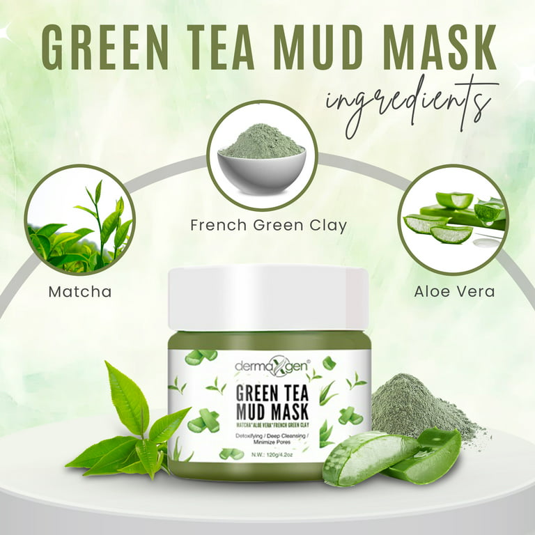 Green Tea Mud Mask - Matcha Powder, Aloe Vera, Kaolin and Bentonite Clay for Hydrating / Detoxifying / Deep Cleansing / Minimize Pores / Healing, Relaxing and Anti-wrinkle Organic Facial Mask