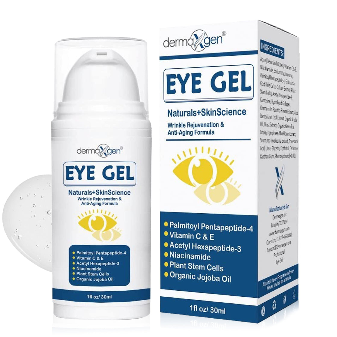 EYE BAG REMOVER, PUFFINESS, Wrinkles, Fine Lines, Dark Circles, 100% ORGANIC Ingredients, With Matrixyl 3000, Hyaluronic Acid, Jojoba Oil, Plant Stem cells and More, Firming Eye Gel - 1 FL OZ.