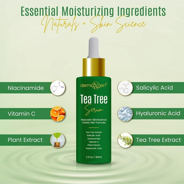 Dermaxgen TEA TREE SERUM- AGE-DEFYING FORMULA Vitamin C+ Niacinamide B3 + Salicylic Acid + Hyaluronic Acid for Acne Scar, Dark Spots, Blemishes Pimple for clear, Radiant & youthful skin - 2 fl oz