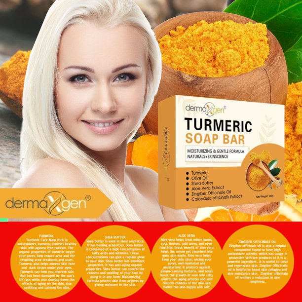 TURMERIC SOAP BAR - ORGANIC INGREDIENTS CALENDULA + ALOE VERA + SHEA BUTTER + OLIVE OIL + ZINGIBER + COCONUT OIL FOR FACE AND BODY CLEANSER FOR MEN, WOMEN AND TEENS - 100GM
