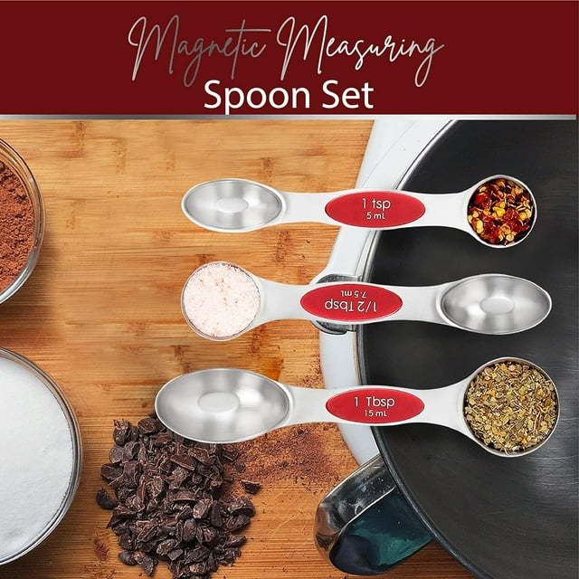 Magnetic Measuring Spoons Set of 9 Stainless Steel Dual-Sided Stackable Measuring Spoon Nesting Teaspoons Measuring Dry and Liquid Ingredients, Fits in Spice Jars Set of 9 - Red