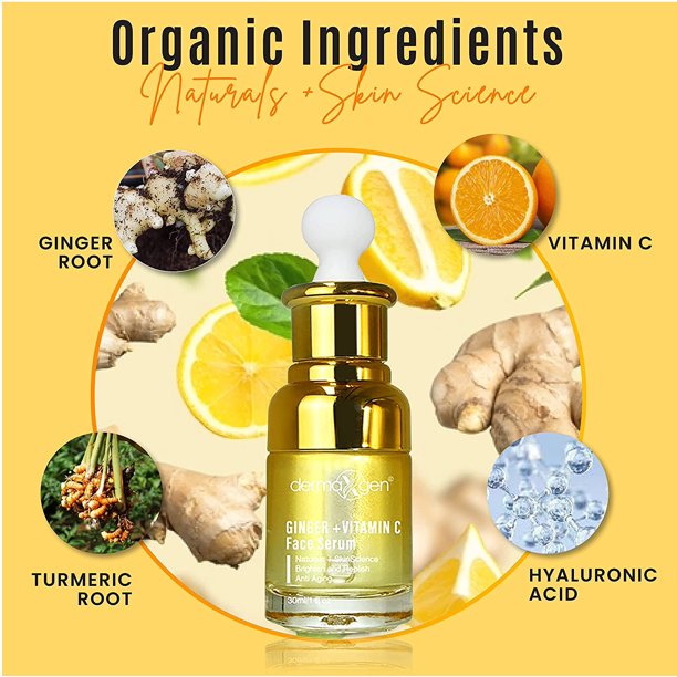 Ginger Face Serum + Vitamin C + Turmeric, Organic Acne Treatment, Clear skin Tone, Hydrate Dull & Dry Skin, Anti-Aging Facial Serum - 1 FL OZ