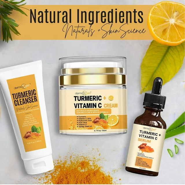 Dermaxgen Turmeric Complete Facial Care Kit - Organic Glowing Skin Anti-Aging, Rejuvenating, Boosting Collagen & Hydrating - Day & Night Brightening Skincare Gift Set