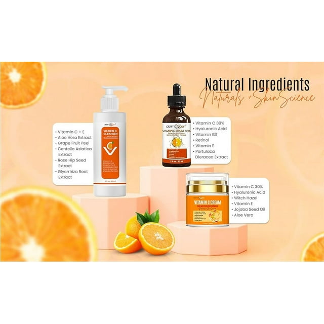 Dermaxgen Vitamin C Complete Facial Care Anti-Aging Set with Cleanser, Moisturizer and Serum for Wrinkles, and Dark Spots. Day & Night Skincare Gift Set