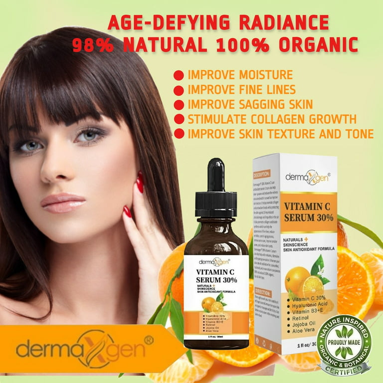 PURE Vitamin C 30% + Retinol + Hyaluronic Acid + Aloe Vera + JOJOBA OIL - ORGANIC ANTI-AGING SERUM - 8 FL OZ.