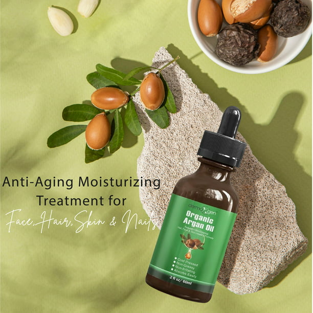 Argan Oil -100% Organic & Cold Pressed Moroccan Oil - Anti-Aging Moisturizing Treatment for Face, Hair, Skin & Nails - Stimulate Growth for Dry and Damaged Hair, Skin Moisturizer, Nails Protector - 2 FL OZ