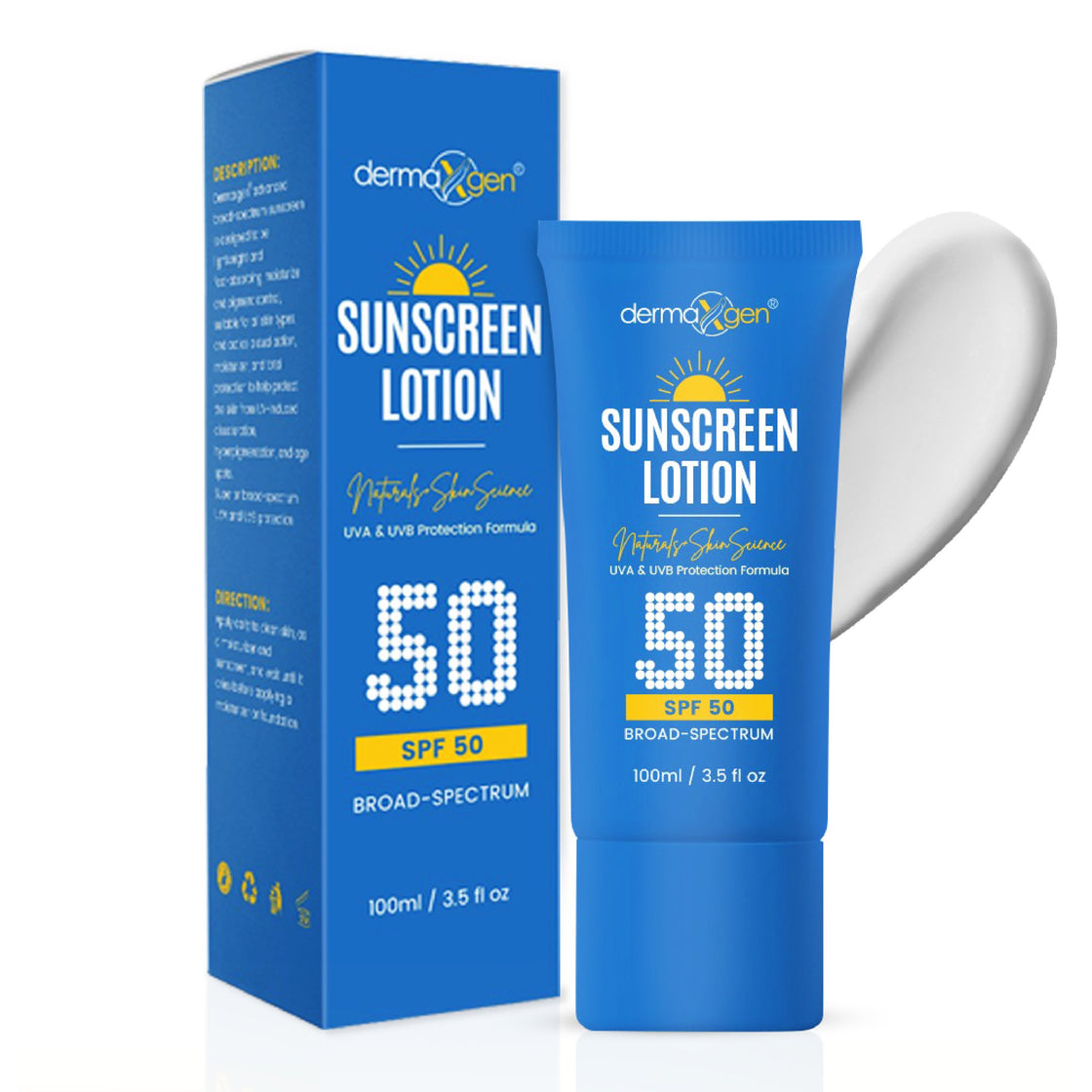 Dermaxgen Sunscreen Lotion Broad Spectrum SPF 50 – Lightweight, Non-Greasy Sun Protection for All Skin Types. Hydrates, Shields from UVA/UVB, Water-Resistant Coverage for Radiant, Moisturized Skin.