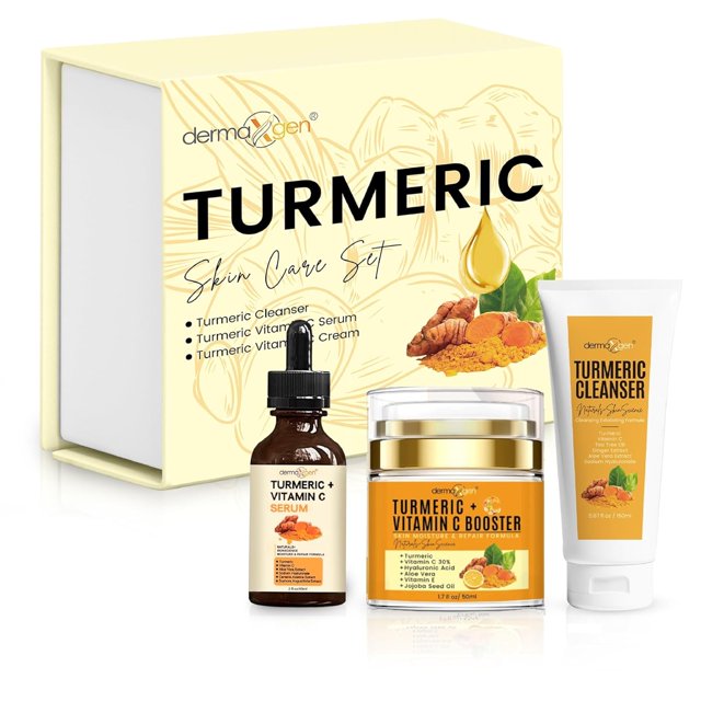 Dermaxgen Turmeric Complete Facial Care Kit - Organic Glowing Skin Anti-Aging, Rejuvenating, Boosting Collagen & Hydrating - Day & Night Brightening Skincare Gift Set