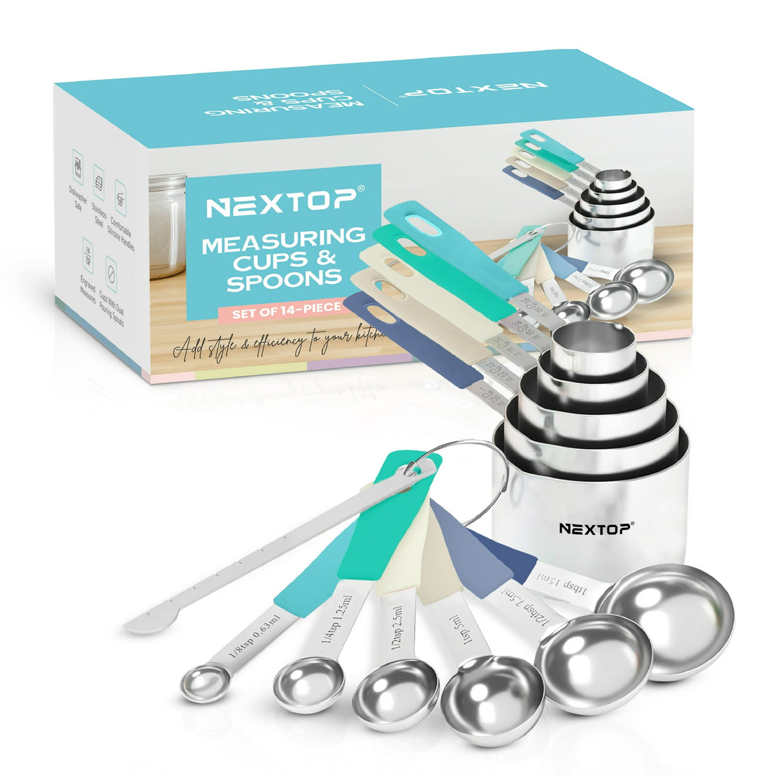 Nextop 14-Piece Stainless Steel Measuring Cups and Spoons Set with 1/8 Teaspoon, 1/8 Cup, and Leveler for Dry Ingredients, Complete Set for Kitchen & Baking Measuring Tools