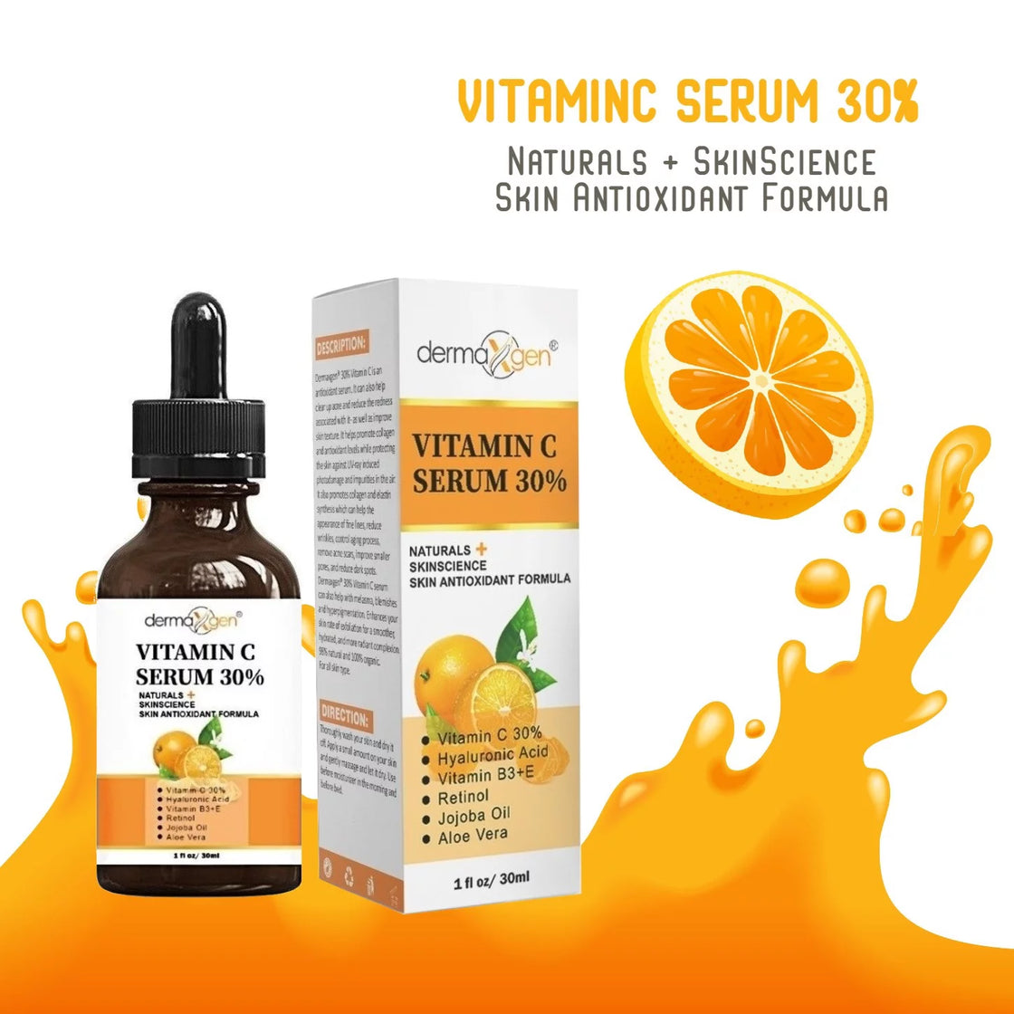 PURE Vitamin C 30% + Retinol + Hyaluronic Acid + Aloe Vera + JOJOBA OIL - ORGANIC ANTI-AGING SERUM - 8 FL OZ.
