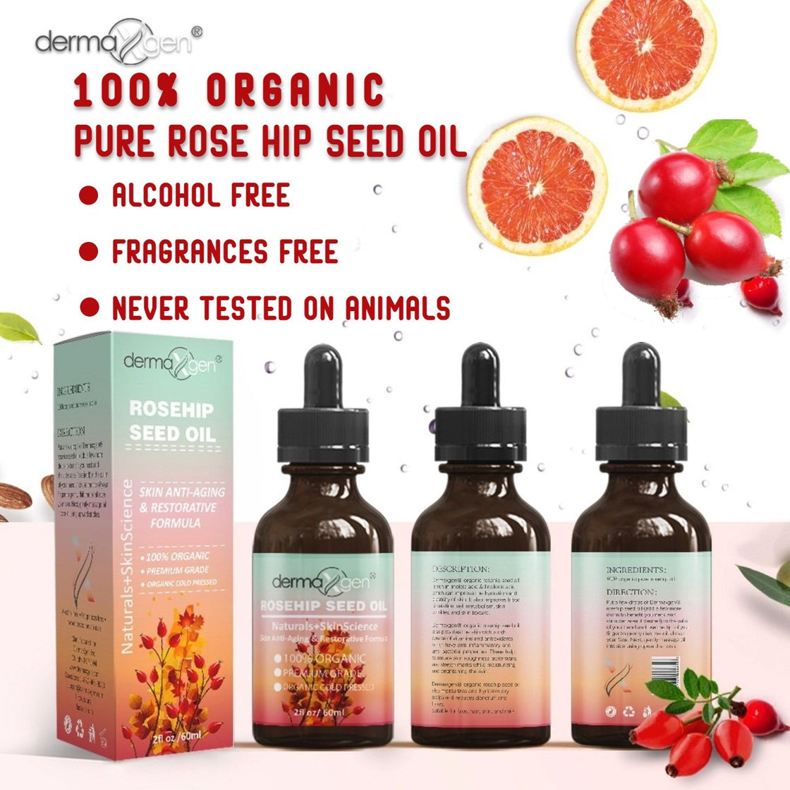 ROSEHIP SEED OIL 8 fl oz -100% Organic & Cold Pressed - Anti-Aging Moisturizing Treatment for Face, Hair, Skin & Nails, Acne Scars, Anti-Wrinkle