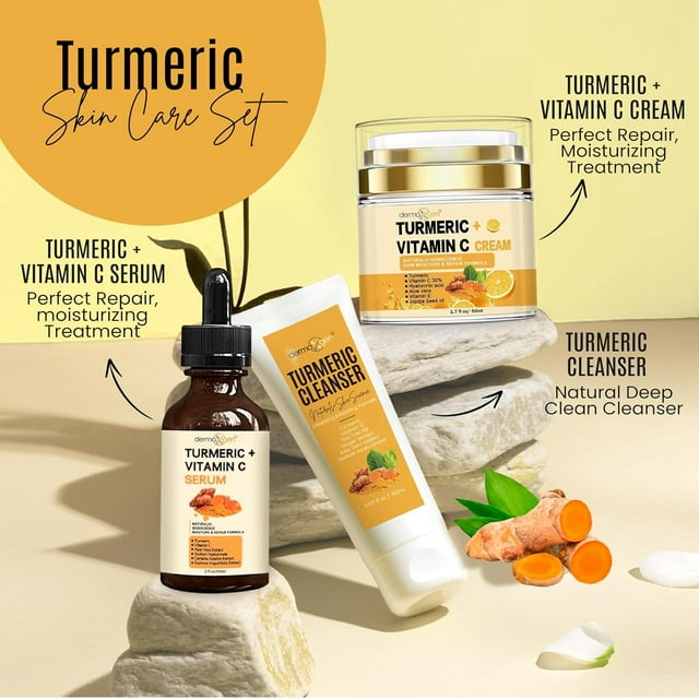 Dermaxgen Turmeric Complete Facial Care Kit - Organic Glowing Skin Anti-Aging, Rejuvenating, Boosting Collagen & Hydrating - Day & Night Brightening Skincare Gift Set