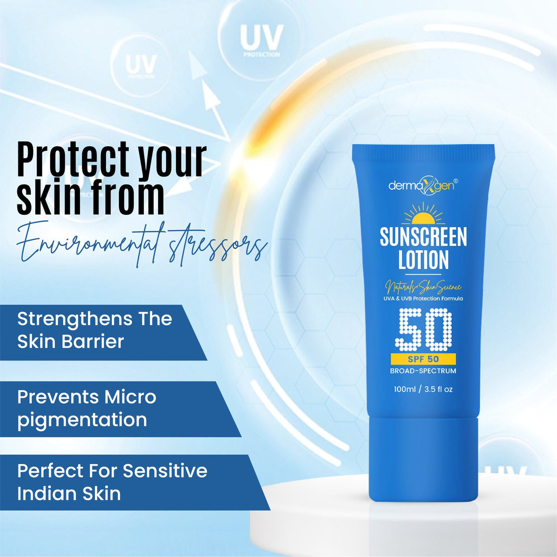Dermaxgen Sunscreen Lotion Broad Spectrum SPF 50 – Lightweight, Non-Greasy Sun Protection for All Skin Types. Hydrates, Shields from UVA/UVB, Water-Resistant Coverage for Radiant, Moisturized Skin.