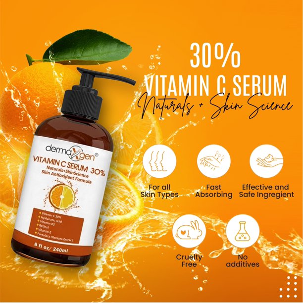 Dermaxgen 30% Vitamin C Face Serum (8 Fl Oz) Pure Organic Anti- Wrinkle + Hyaluronic Acid + Retinol + Vitamin E + Vitamin B, Facial Serum For Anti-aging, Wrinkles, And Fine Lines.