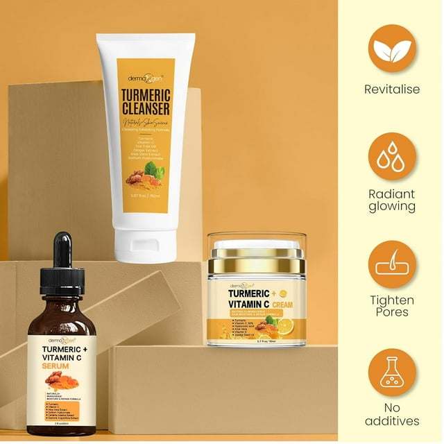 Dermaxgen Turmeric Complete Facial Care Kit - Organic Glowing Skin Anti-Aging, Rejuvenating, Boosting Collagen & Hydrating - Day & Night Brightening Skincare Gift Set