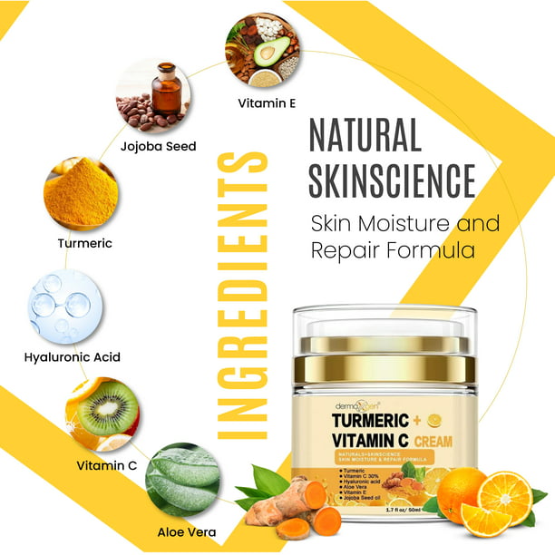 30% Vitamin C With Turmeric Glow Boosting Moisturizing, Skin Repairing & Hydrating Cream for Face, Neck, Decollete - Organic Ingredients Anti-Aging Facial Cream - 1.7 FL OZ.