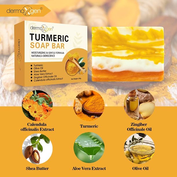TURMERIC SOAP BAR - ORGANIC INGREDIENTS CALENDULA + ALOE VERA + SHEA BUTTER + OLIVE OIL + ZINGIBER + COCONUT OIL FOR FACE AND BODY CLEANSER FOR MEN, WOMEN AND TEENS - 100GM