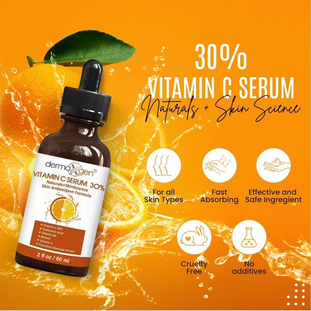 Pure Vitamin C 30% + VITAMIN B3+E+Hyaluronic Acid Antioxidant Serum, 2 fl. oz.