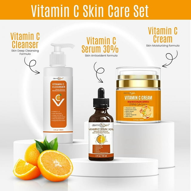 Dermaxgen Vitamin C Complete Facial Care Anti-Aging Set with Cleanser, Moisturizer and Serum for Wrinkles, and Dark Spots. Day & Night Skincare Gift Set
